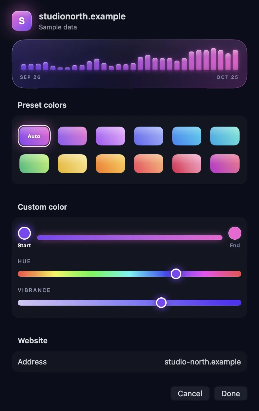 Synopsy's appearance window for studionorth.example: a chart preview, twelve preset gradients, hue and vibrance sliders, and the website address.